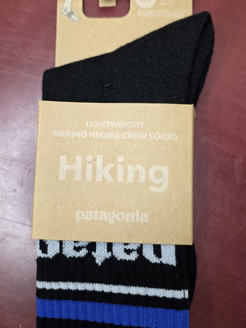 Patagonia Men's Black Socks with Blue & White Stripes